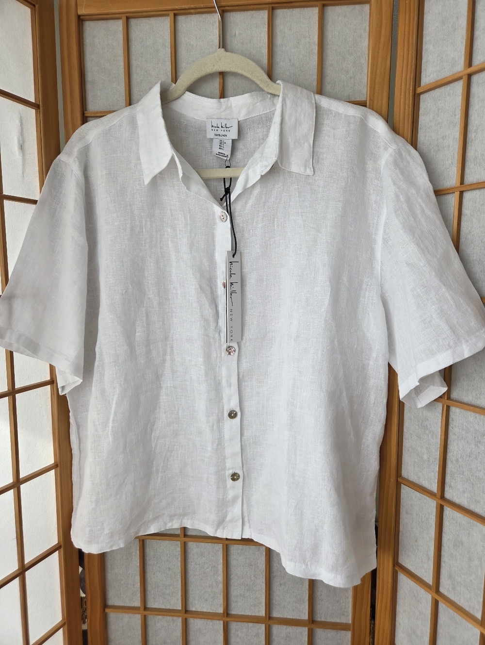 NWT NICOLE MILLER NY 100% WHITE LINEN CROPPED BUTTONS DOWN BLOUSE LARGE